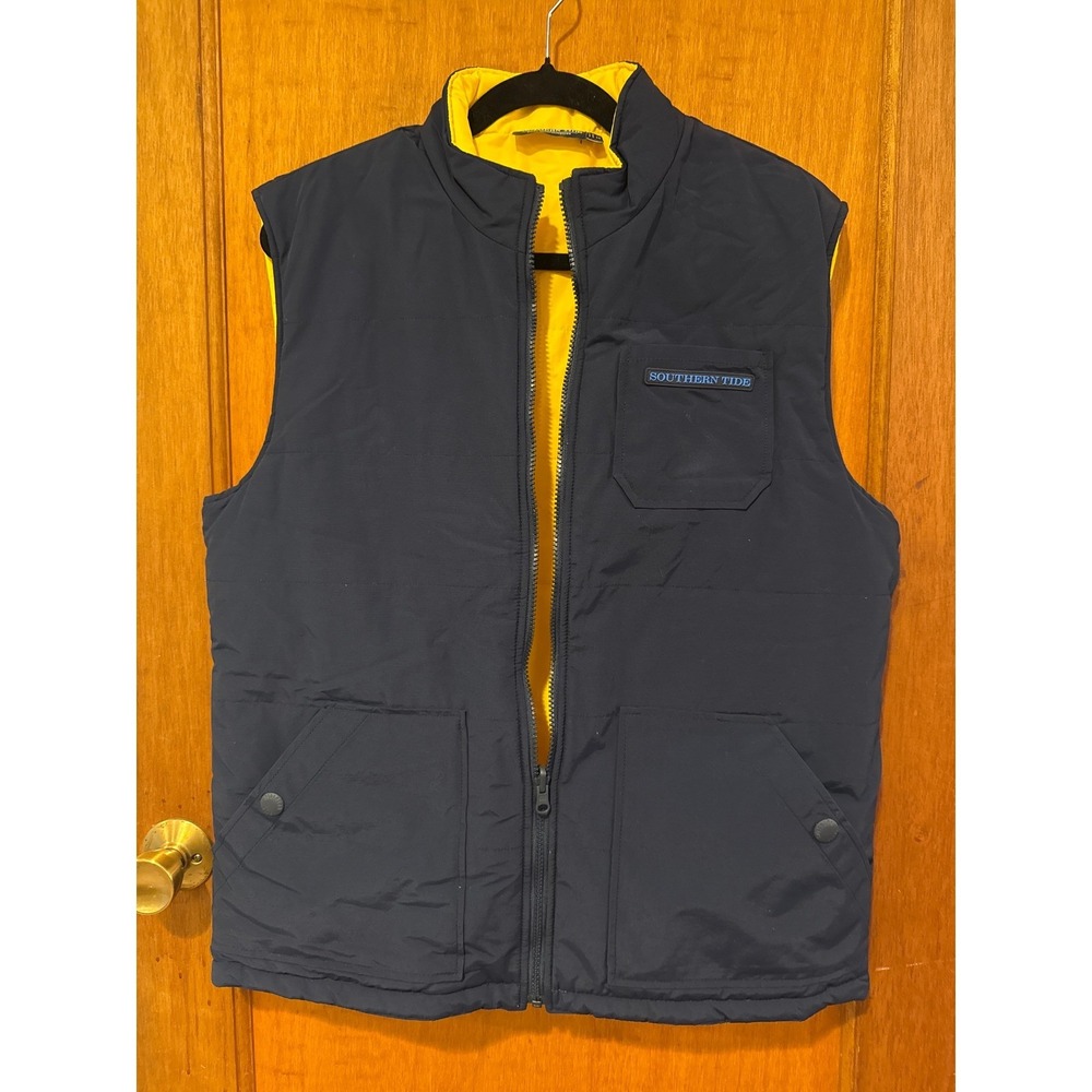 Southern Tide vest Men's Medium reversible navy yellow cotton blend EUC